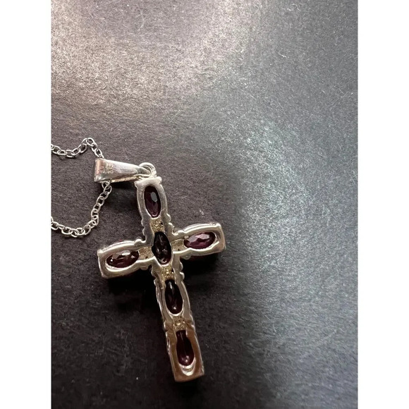 Raspberry rhodolite garnet cross pendant and chain necklace in sterling silver - Picture 9 of 16